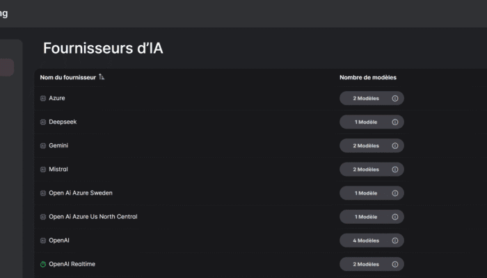 AI models configuration screen of the app