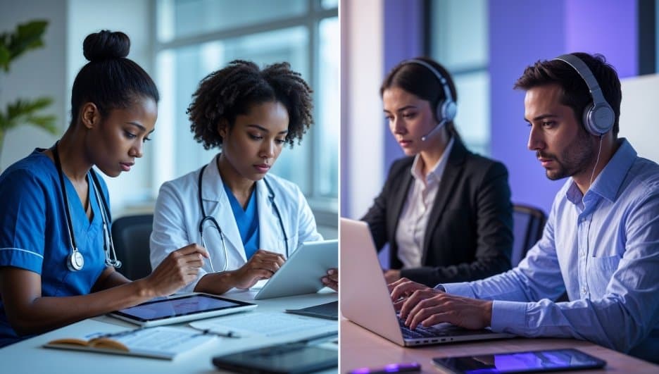 Healthcare workers and customer service advisers at work